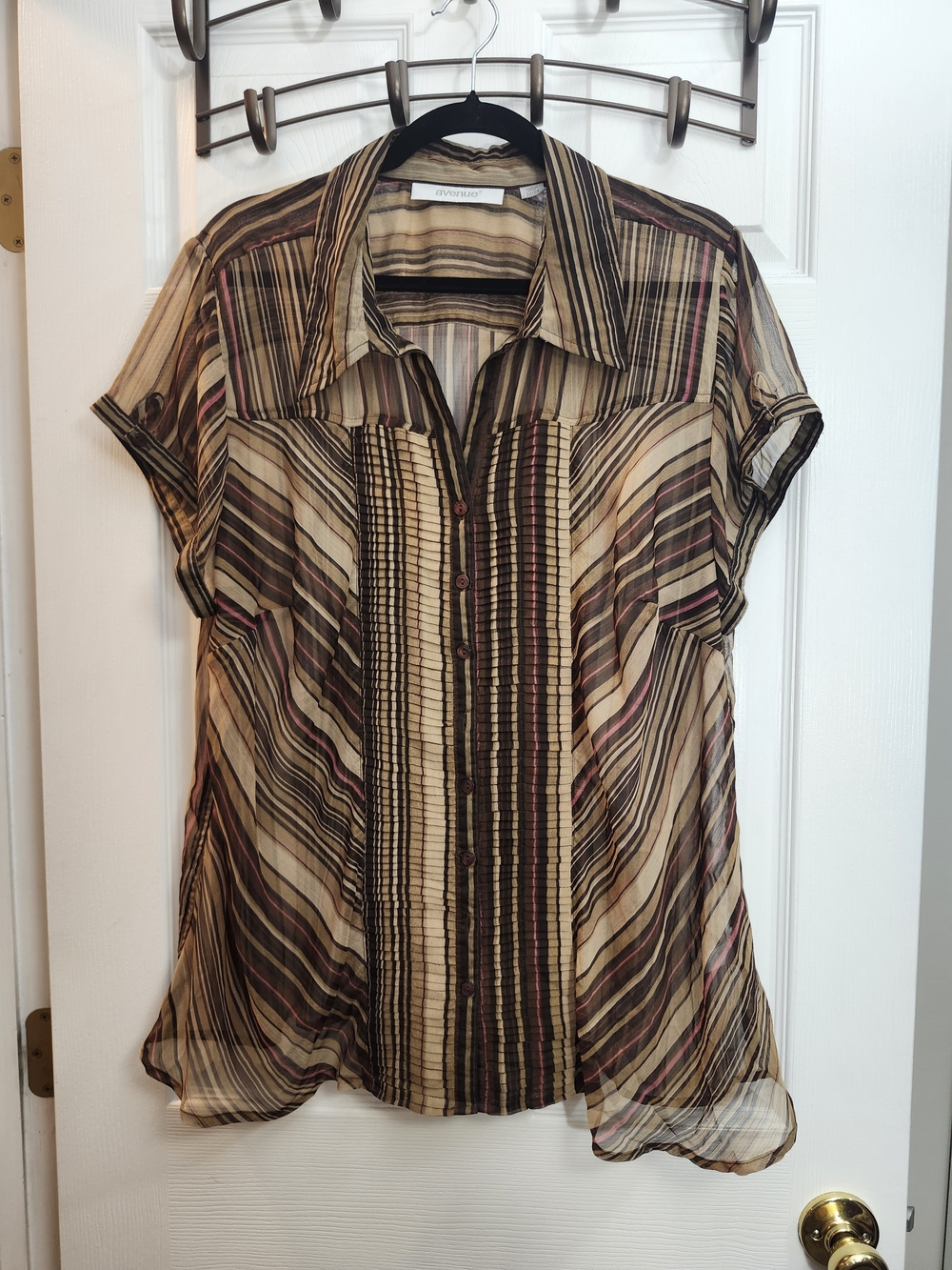 Avenue Sheer Striped Button-Down Blouse in Beige, Brown & Pink, ~ Torrid 3X